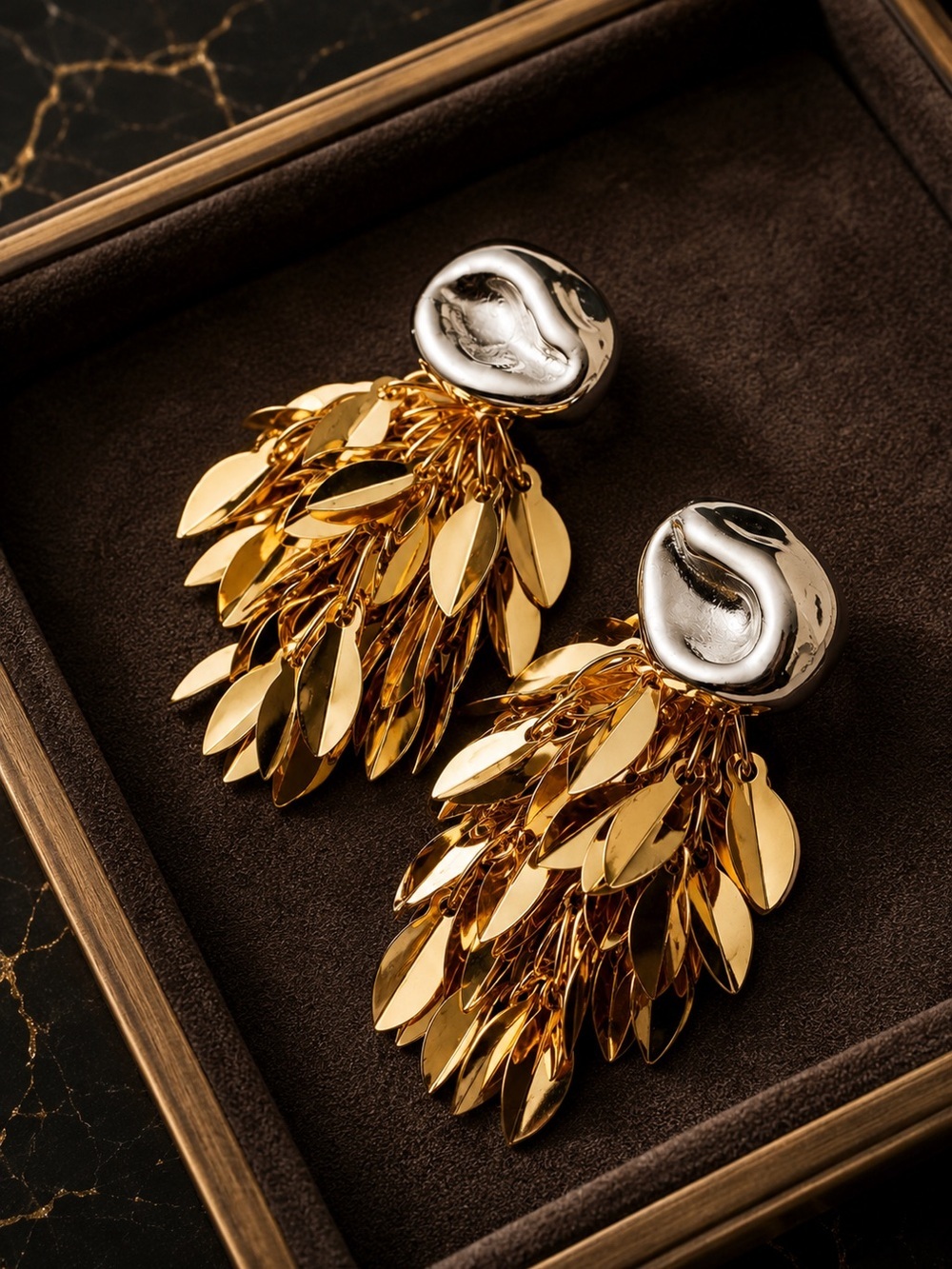 Gold and Silver Leaf Cluster Drop Earrings - Picture 2 of 11